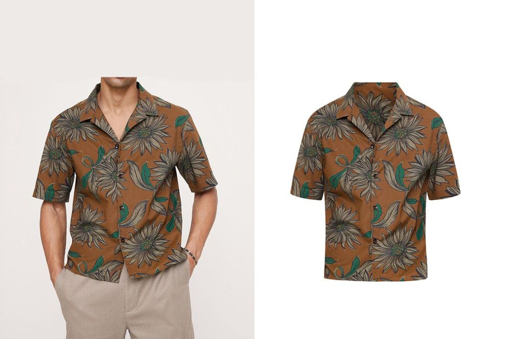 model to flatlay before after comparison of mens shirt