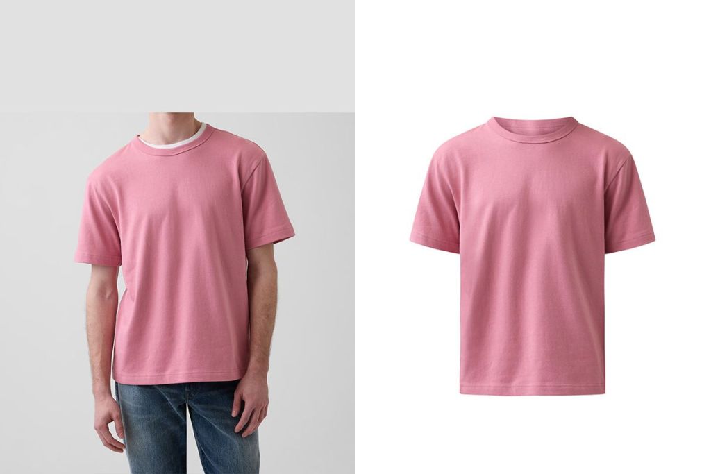 model to flatlay before after comparison of mens t-shirt