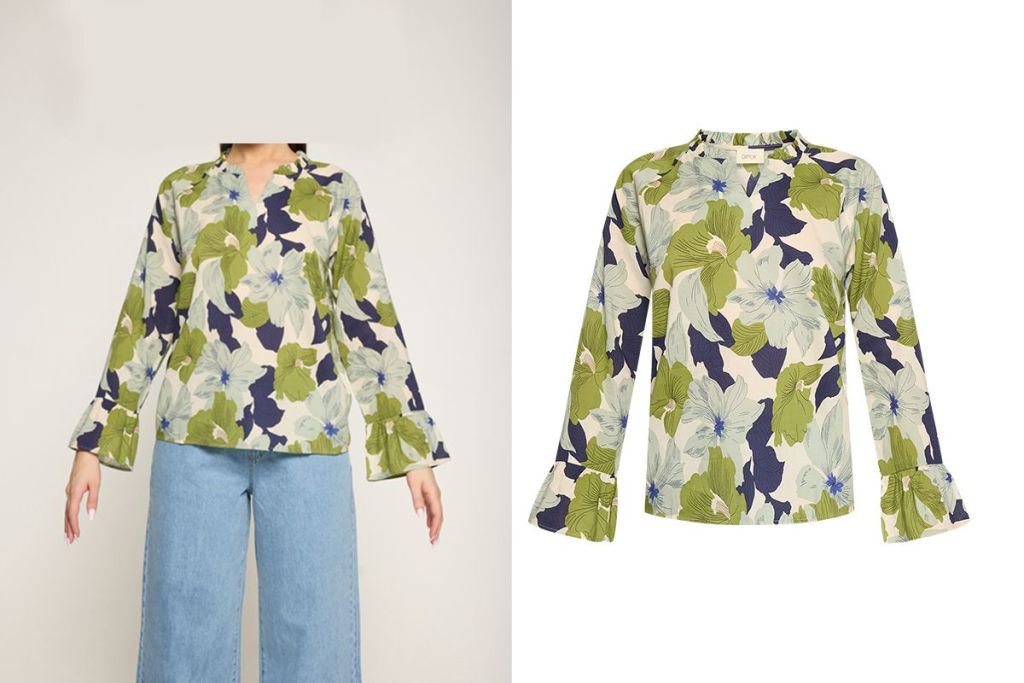 model to flatlay before after comparison of womens top